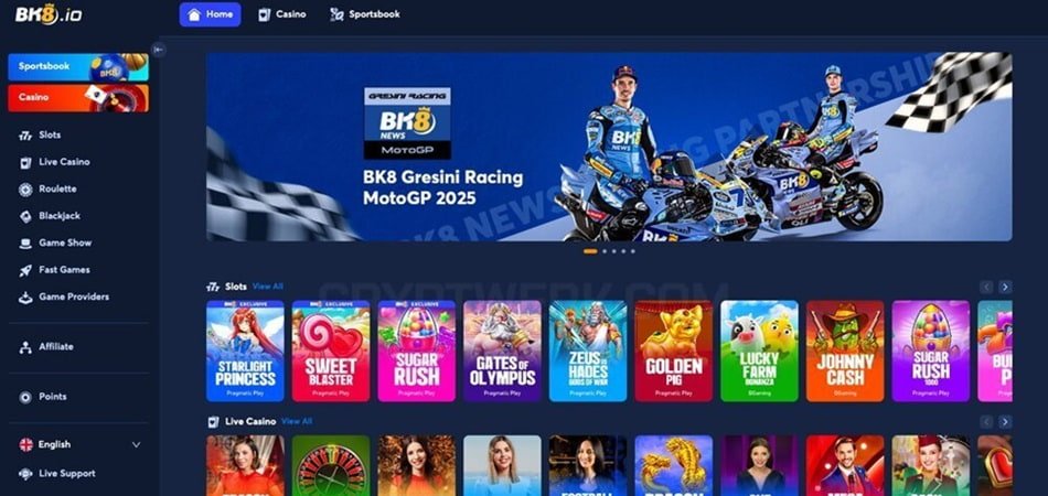 BK8 casino interface showing games and navigation